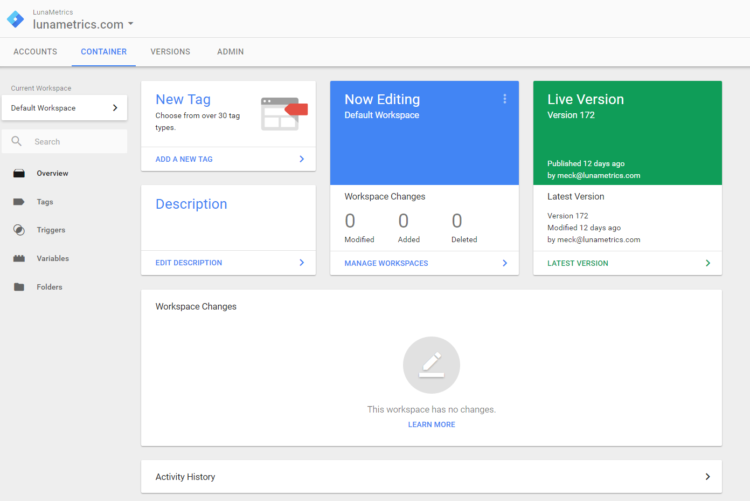 Workspace do Google Tag Manager